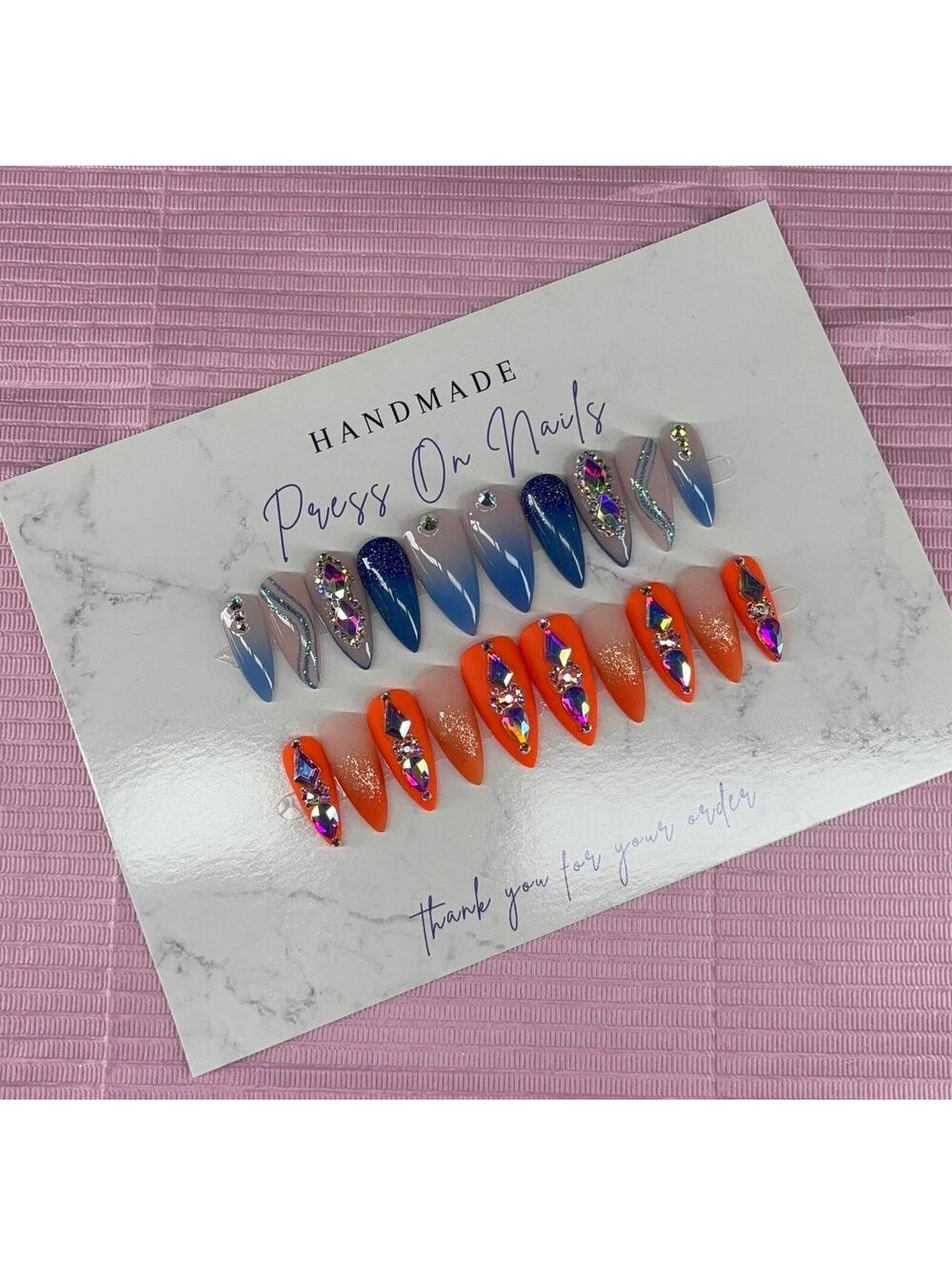 Medium stiletto press on nails glitter rhinestones ombré